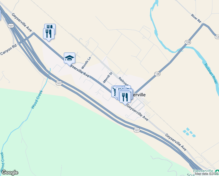 map of restaurants, bars, coffee shops, grocery stores, and more near 21249 Redwood Highway in Geyserville