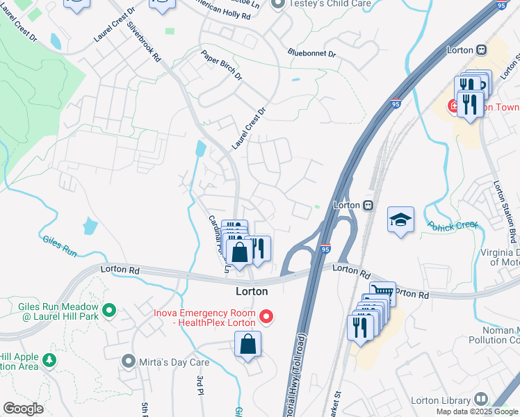 map of restaurants, bars, coffee shops, grocery stores, and more near 8199 Laurel Crossing Lane in Lorton