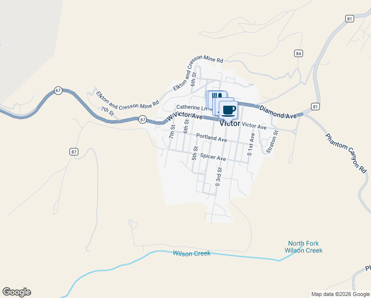 map of restaurants, bars, coffee shops, grocery stores, and more near 224 6th Street in Victor