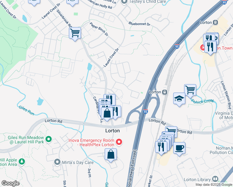 map of restaurants, bars, coffee shops, grocery stores, and more near 8199 Laurel Crossing Lane in Lorton