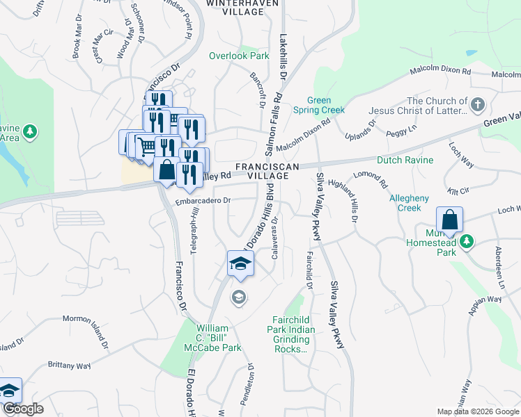 map of restaurants, bars, coffee shops, grocery stores, and more near 1812 Calaveras Drive in El Dorado Hills