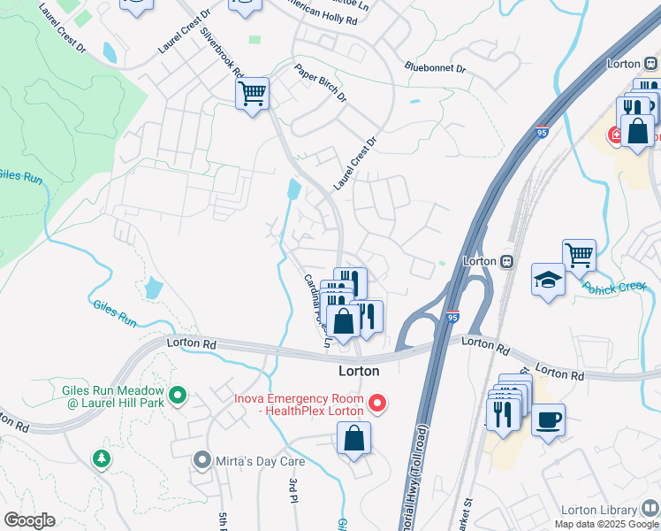map of restaurants, bars, coffee shops, grocery stores, and more near 8226 Catbird Circle in Lorton