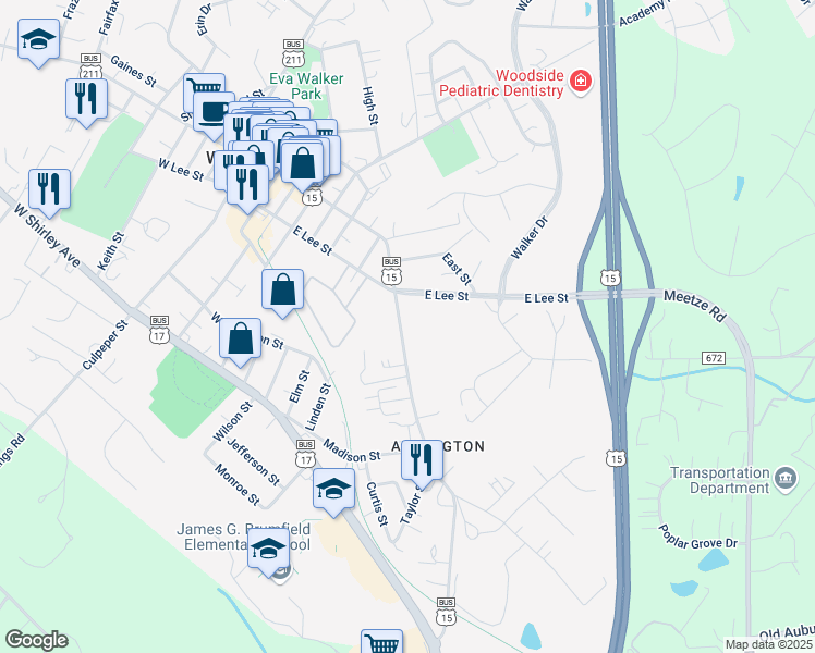 map of restaurants, bars, coffee shops, grocery stores, and more near 305 Falmouth Street in Warrenton