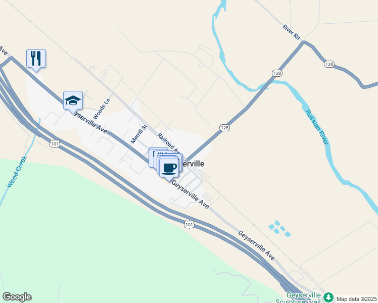 map of restaurants, bars, coffee shops, grocery stores, and more near 121 California 128 in Geyserville