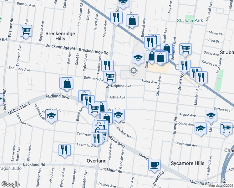 map of restaurants, bars, coffee shops, grocery stores, and more near 9224 Delphine Avenue in Overland