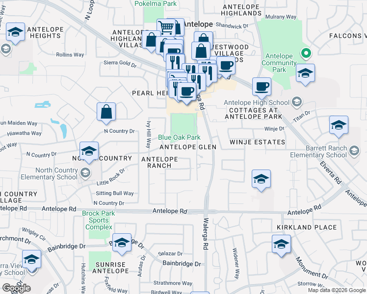 map of restaurants, bars, coffee shops, grocery stores, and more near 4232 Big Cloud Way in Antelope