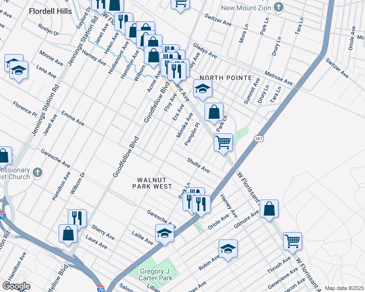 map of restaurants, bars, coffee shops, grocery stores, and more near 5701 Pamplin Place in St. Louis