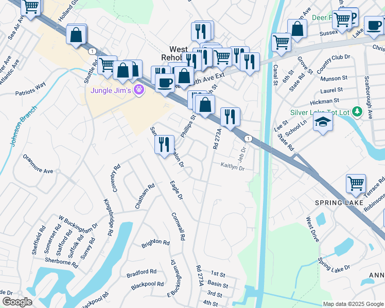 map of restaurants, bars, coffee shops, grocery stores, and more near 23 Eagles Landing in Rehoboth Beach