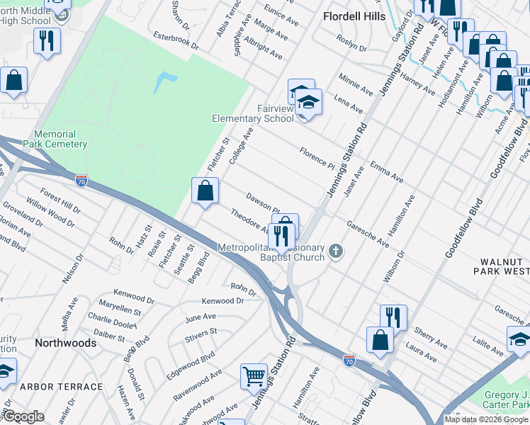 map of restaurants, bars, coffee shops, grocery stores, and more near 7129 Dawson Place in Jennings