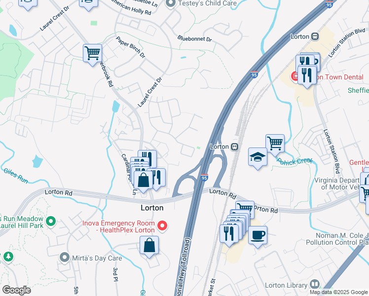 map of restaurants, bars, coffee shops, grocery stores, and more near 9134 Furey Road in Lorton