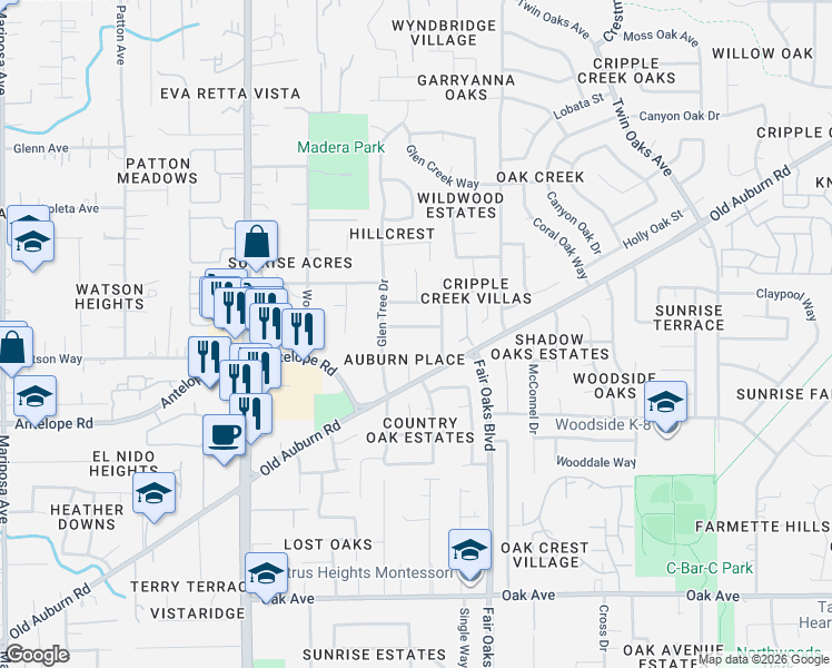 map of restaurants, bars, coffee shops, grocery stores, and more near 8024 Glen Briar Drive in Citrus Heights