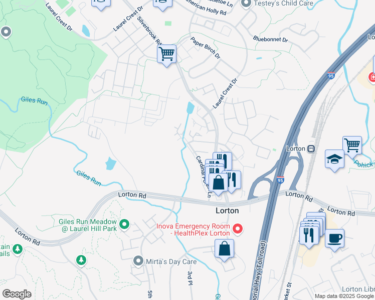 map of restaurants, bars, coffee shops, grocery stores, and more near 9234 Cardinal Forest Lane in Lorton