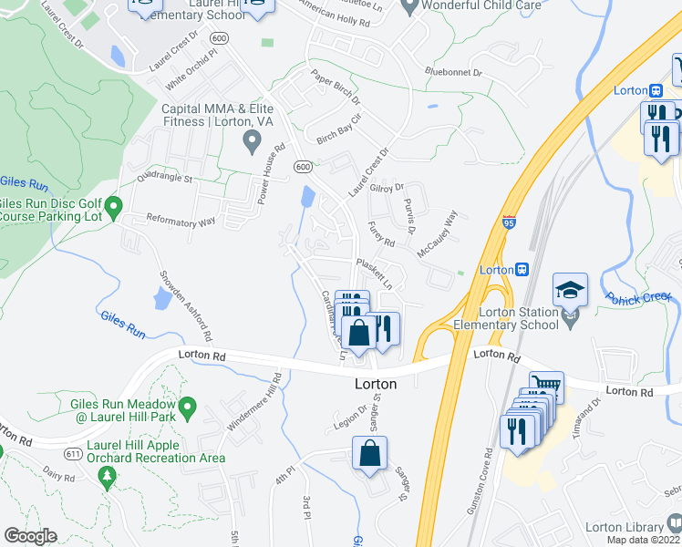 map of restaurants, bars, coffee shops, grocery stores, and more near 8224 Catbird Circle in Lorton