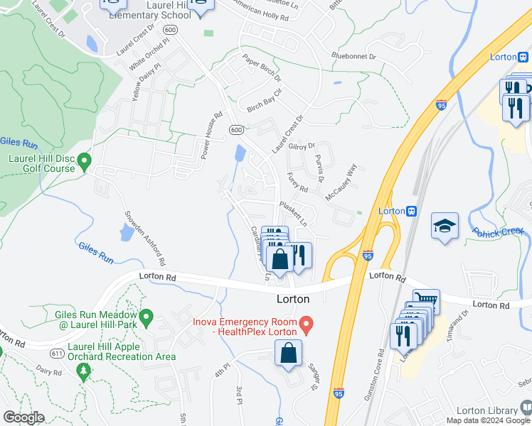 map of restaurants, bars, coffee shops, grocery stores, and more near 8236 Catbird Circle in Lorton