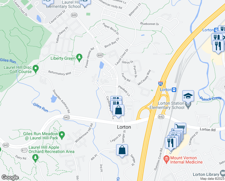 map of restaurants, bars, coffee shops, grocery stores, and more near 8224 Catbird Circle in Lorton