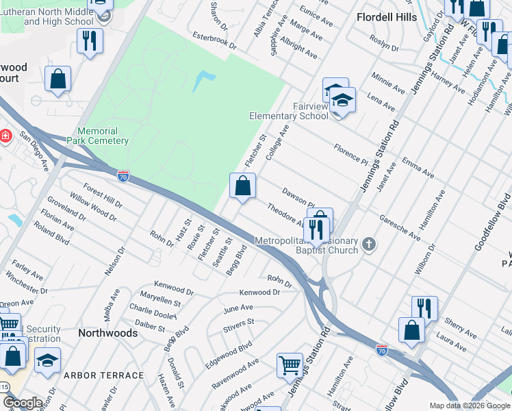 map of restaurants, bars, coffee shops, grocery stores, and more near 5301 College Avenue in Jennings