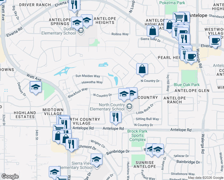 map of restaurants, bars, coffee shops, grocery stores, and more near 3740 Blackfoot Way in Sacramento