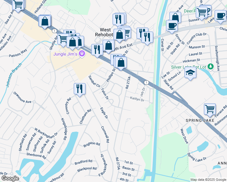 map of restaurants, bars, coffee shops, grocery stores, and more near 250 Sea Eagle Drive in Rehoboth Beach