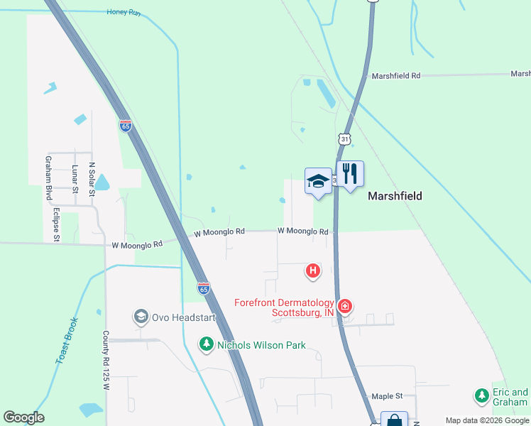 map of restaurants, bars, coffee shops, grocery stores, and more near 698 West Moonglo Road in Scottsburg