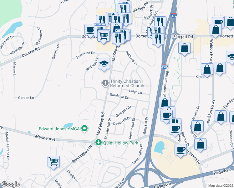 map of restaurants, bars, coffee shops, grocery stores, and more near 1702 Parkway Acres Court in Maryland Heights