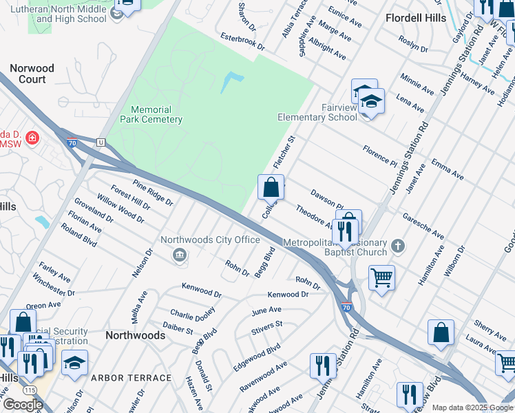 map of restaurants, bars, coffee shops, grocery stores, and more near 5216 Fletcher Street in Saint Louis