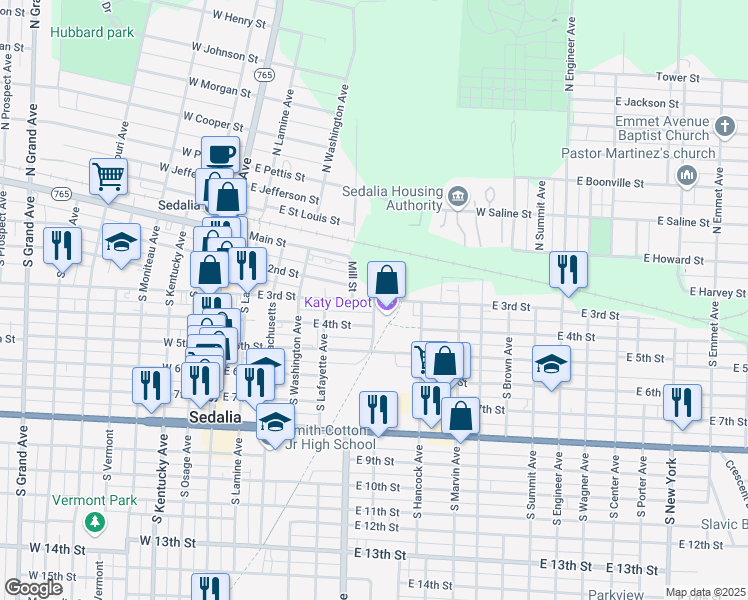 map of restaurants, bars, coffee shops, grocery stores, and more near 600 East 3rd Street in Sedalia
