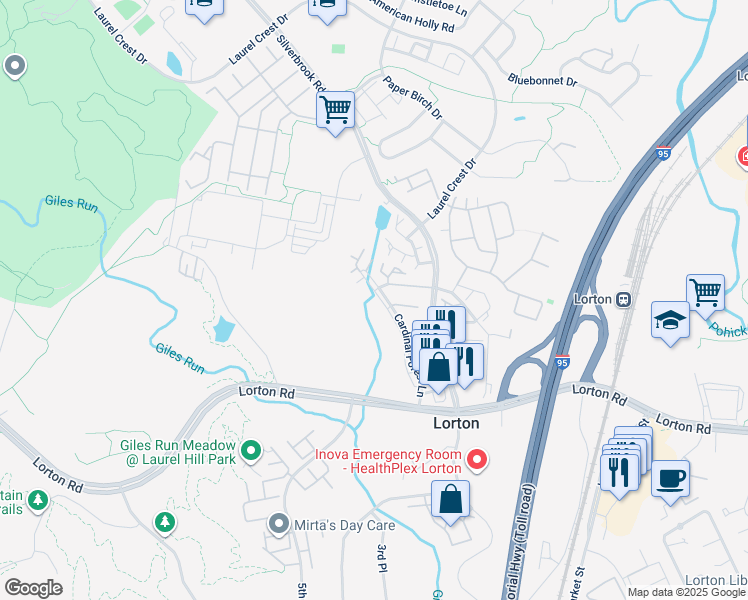 map of restaurants, bars, coffee shops, grocery stores, and more near 9230 Cardinal Forest Lane in Lorton