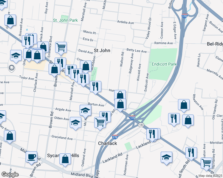 map of restaurants, bars, coffee shops, grocery stores, and more near 2915 Hilleman Avenue in St. Louis