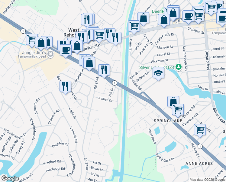 map of restaurants, bars, coffee shops, grocery stores, and more near South Timberlake Tr in Rehoboth Beach