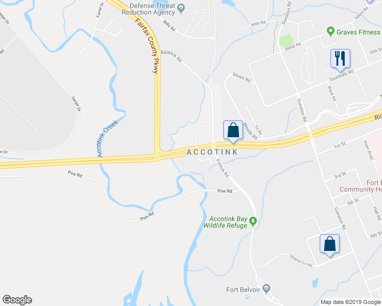 map of restaurants, bars, coffee shops, grocery stores, and more near 9186 Richmond Highway in Fort Belvoir