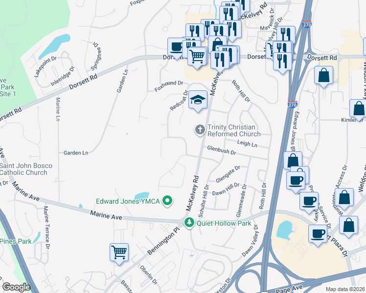 map of restaurants, bars, coffee shops, grocery stores, and more near 1584 Glenage Drive in Maryland Heights