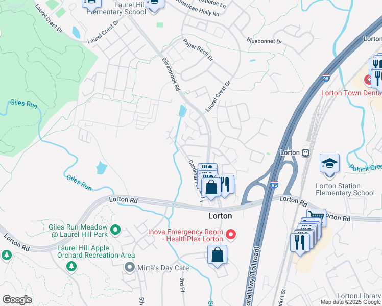 map of restaurants, bars, coffee shops, grocery stores, and more near 8248 Catbird Circle in Lorton