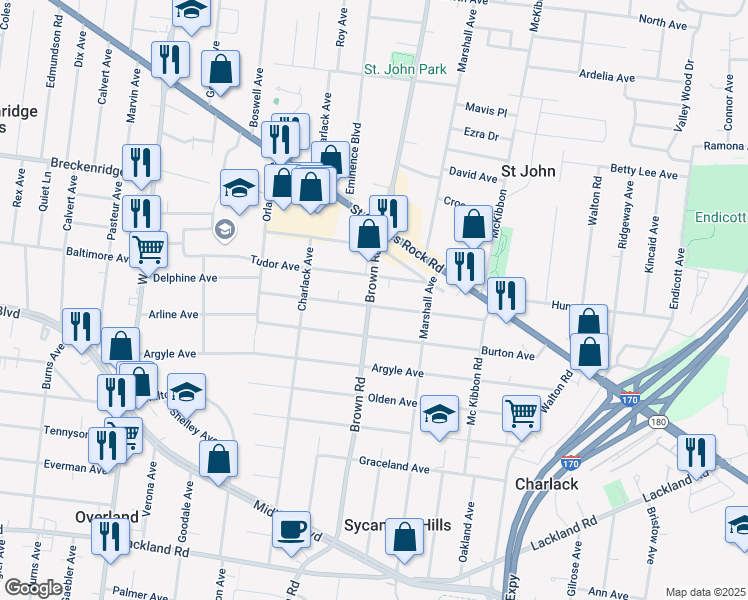 map of restaurants, bars, coffee shops, grocery stores, and more near 8861 Windom Avenue in Overland