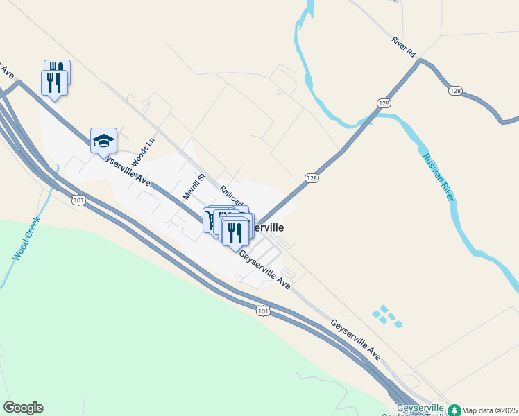 map of restaurants, bars, coffee shops, grocery stores, and more near 121 California 128 in Geyserville