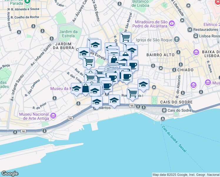 map of restaurants, bars, coffee shops, grocery stores, and more near 55 Avenida Dom Carlos i in Lisbon
