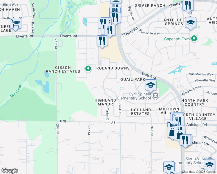 map of restaurants, bars, coffee shops, grocery stores, and more near 7808 Caber Way in Antelope