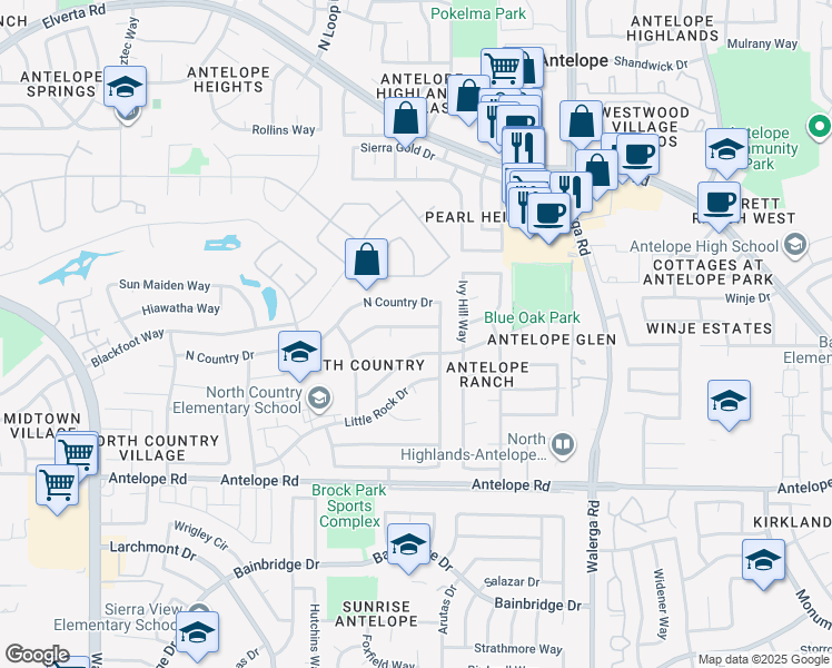 map of restaurants, bars, coffee shops, grocery stores, and more near 3941 Running Bear Way in Antelope