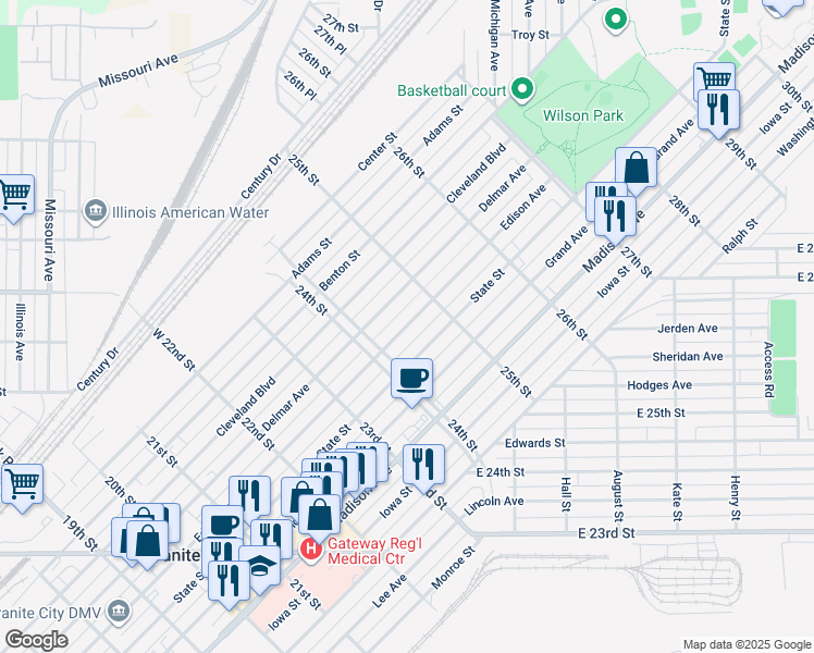 map of restaurants, bars, coffee shops, grocery stores, and more near 2443 Edison Avenue in Granite City