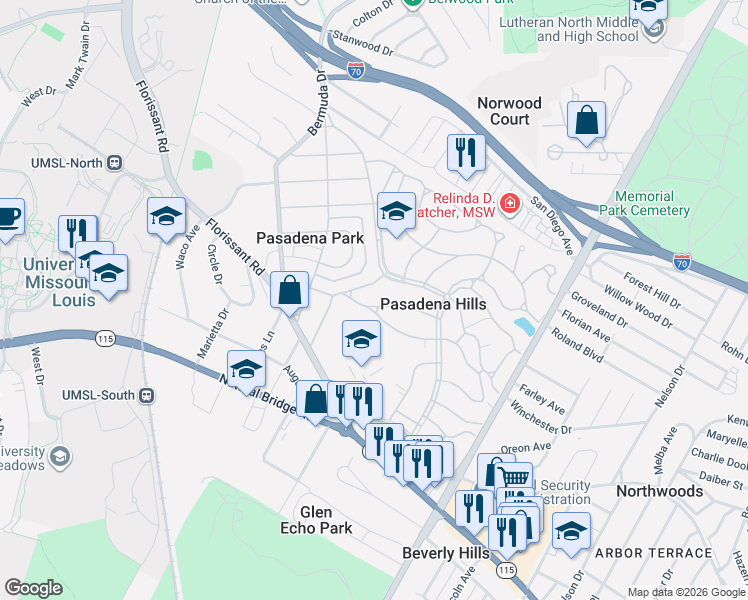 map of restaurants, bars, coffee shops, grocery stores, and more near 7412 Warwick Drive in St. Louis