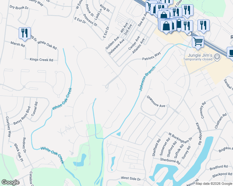 map of restaurants, bars, coffee shops, grocery stores, and more near 131 Kings Creek Circle in Rehoboth Beach