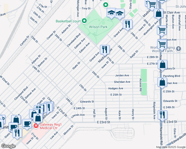 map of restaurants, bars, coffee shops, grocery stores, and more near 2605 Iowa Street in Granite City