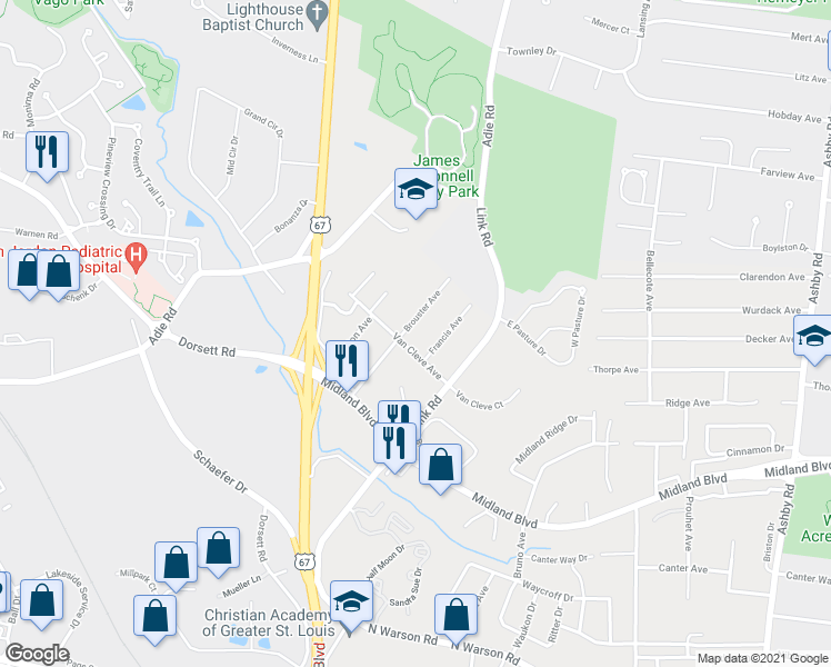 map of restaurants, bars, coffee shops, grocery stores, and more near 2714 Brouster Avenue in Saint Louis