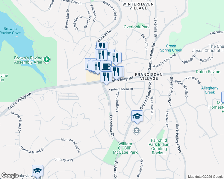 map of restaurants, bars, coffee shops, grocery stores, and more near 879 Embarcadero Drive in El Dorado Hills