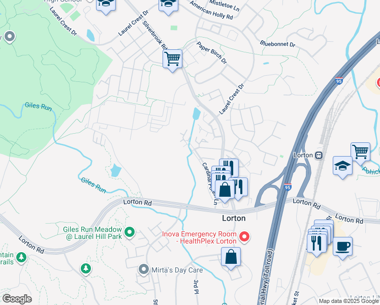 map of restaurants, bars, coffee shops, grocery stores, and more near 9224 Cardinal Forest Lane in Lorton