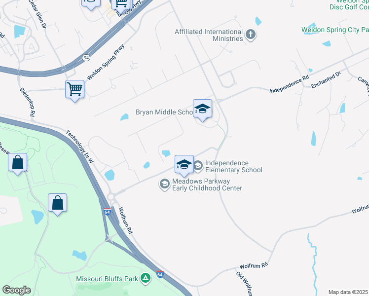 map of restaurants, bars, coffee shops, grocery stores, and more near 30 Dutchman Lane in Weldon Spring