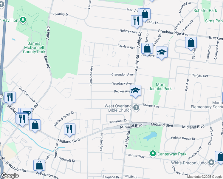 map of restaurants, bars, coffee shops, grocery stores, and more near 10560 Wurdack Avenue in St. Louis