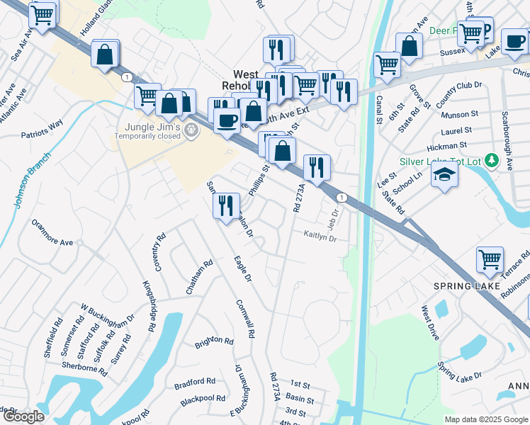 map of restaurants, bars, coffee shops, grocery stores, and more near 23 Eagles Landing in Rehoboth Beach