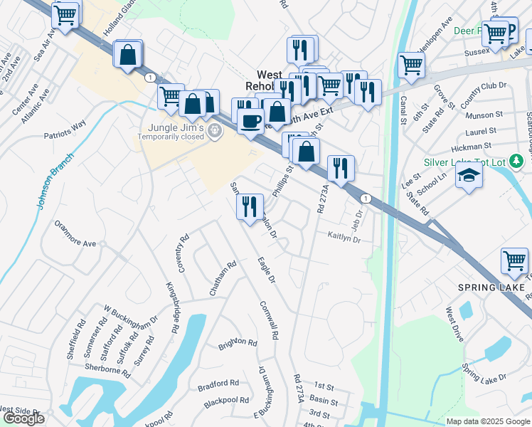 map of restaurants, bars, coffee shops, grocery stores, and more near 310 Blue Heron Drive in Rehoboth Beach
