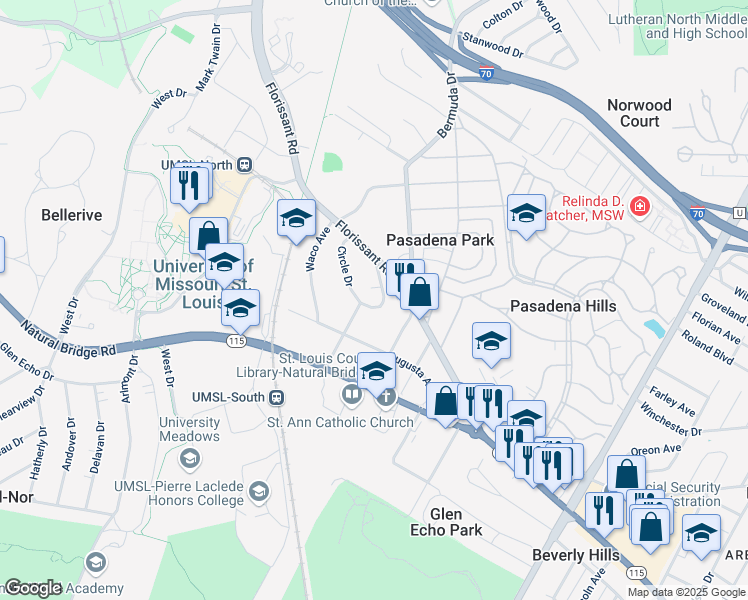 map of restaurants, bars, coffee shops, grocery stores, and more near 7711 Circle Drive in St. Louis
