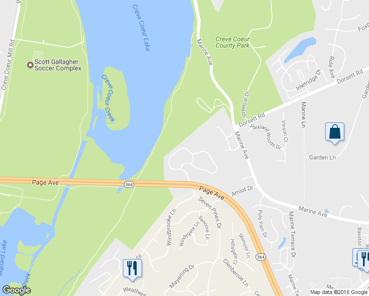 map of restaurants, bars, coffee shops, grocery stores, and more near 2359 7 Pines Drive in Maryland Heights